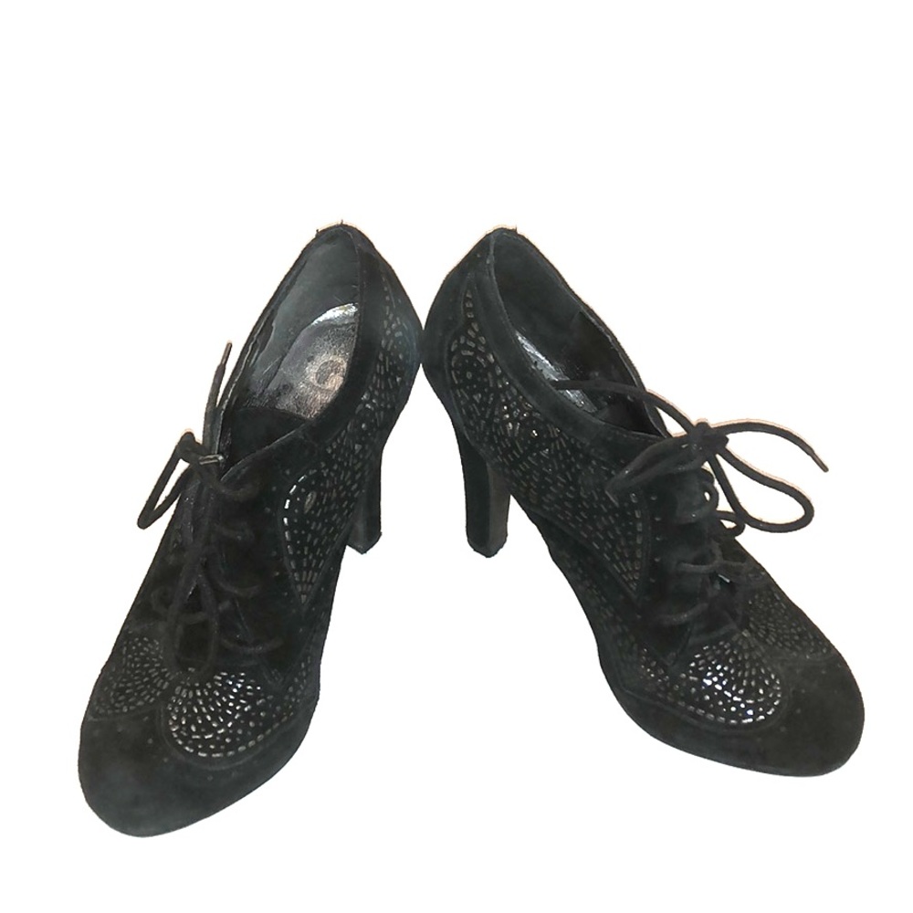 Black eyelet cutout pump booties